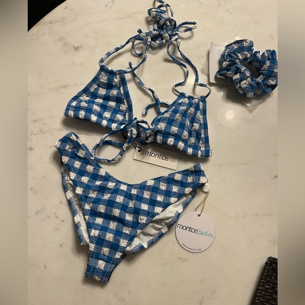 Montce Swim Blue Gingham Bikini Set with Scrunchie
